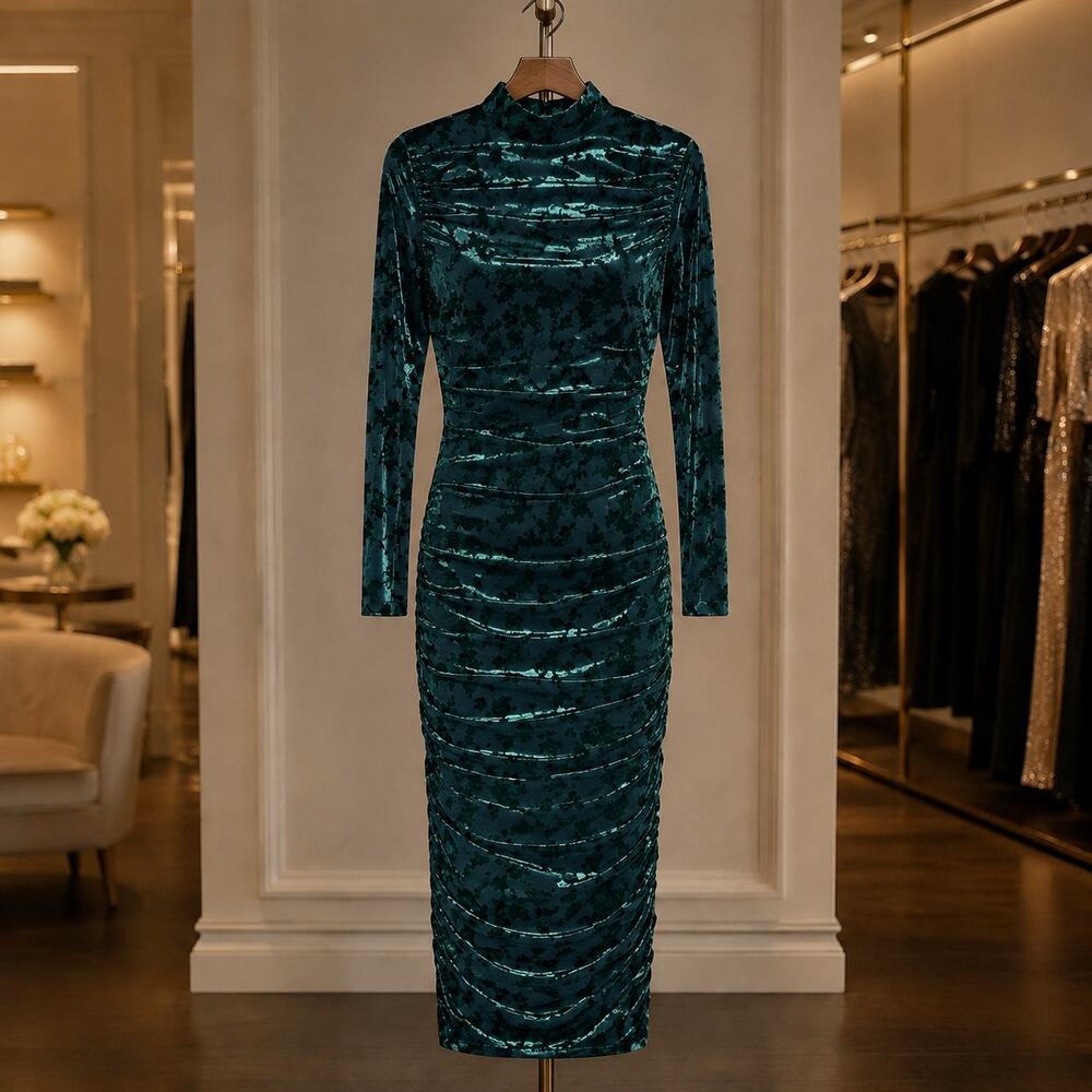 Belle Badgley Mischka Kendall Dark Green Velvet Burnout Ruched Dress NWT Size 10